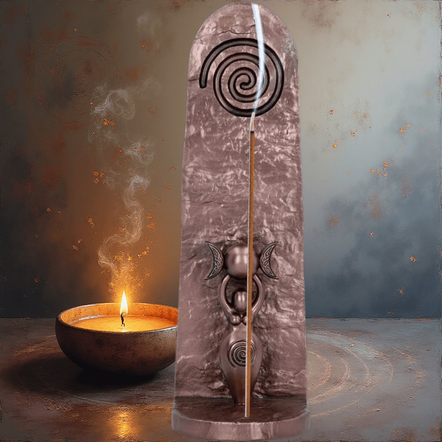 Standing upright bronze resin incense burner with spiral design and Goddess holding triple moon,next to a lit candle on a textured surface.