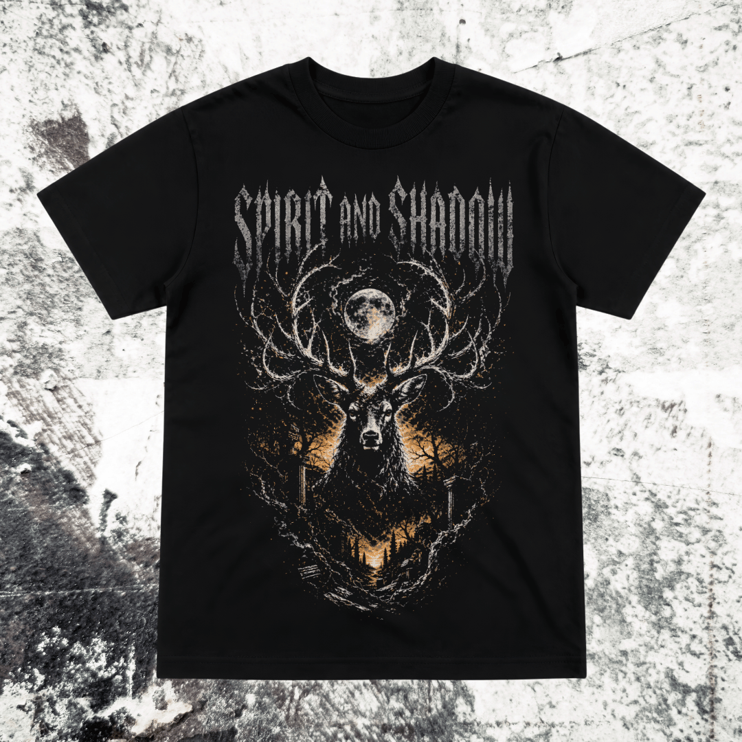 Black Stag Spirit Animal T-shirt with full moon and dark forest design