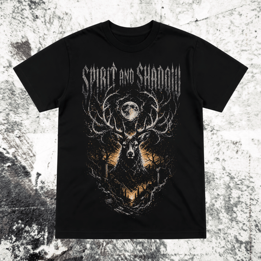 Black Stag Spirit Animal T-shirt with full moon and dark forest design