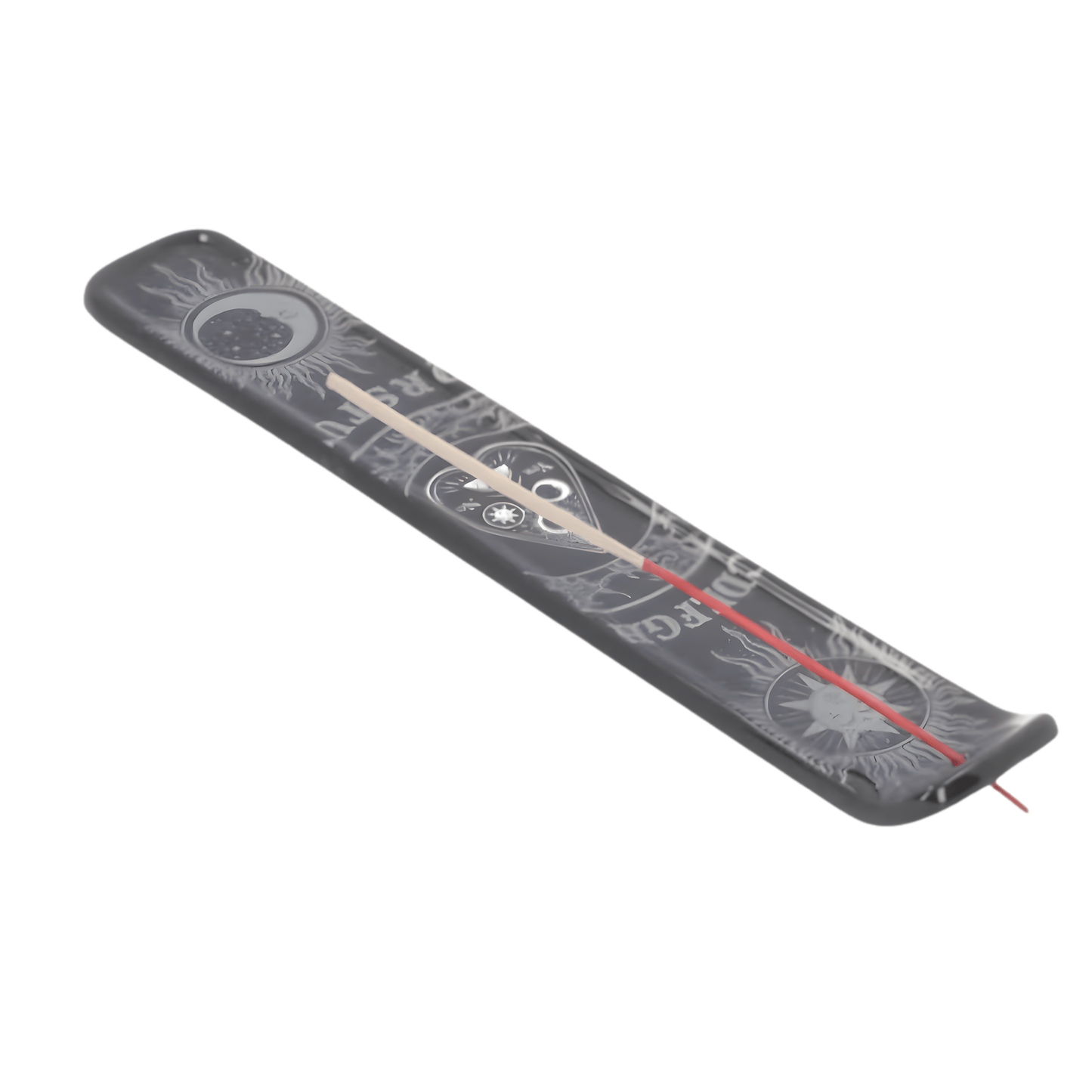 Long, narrow incense holder with spirit board on it on a white background