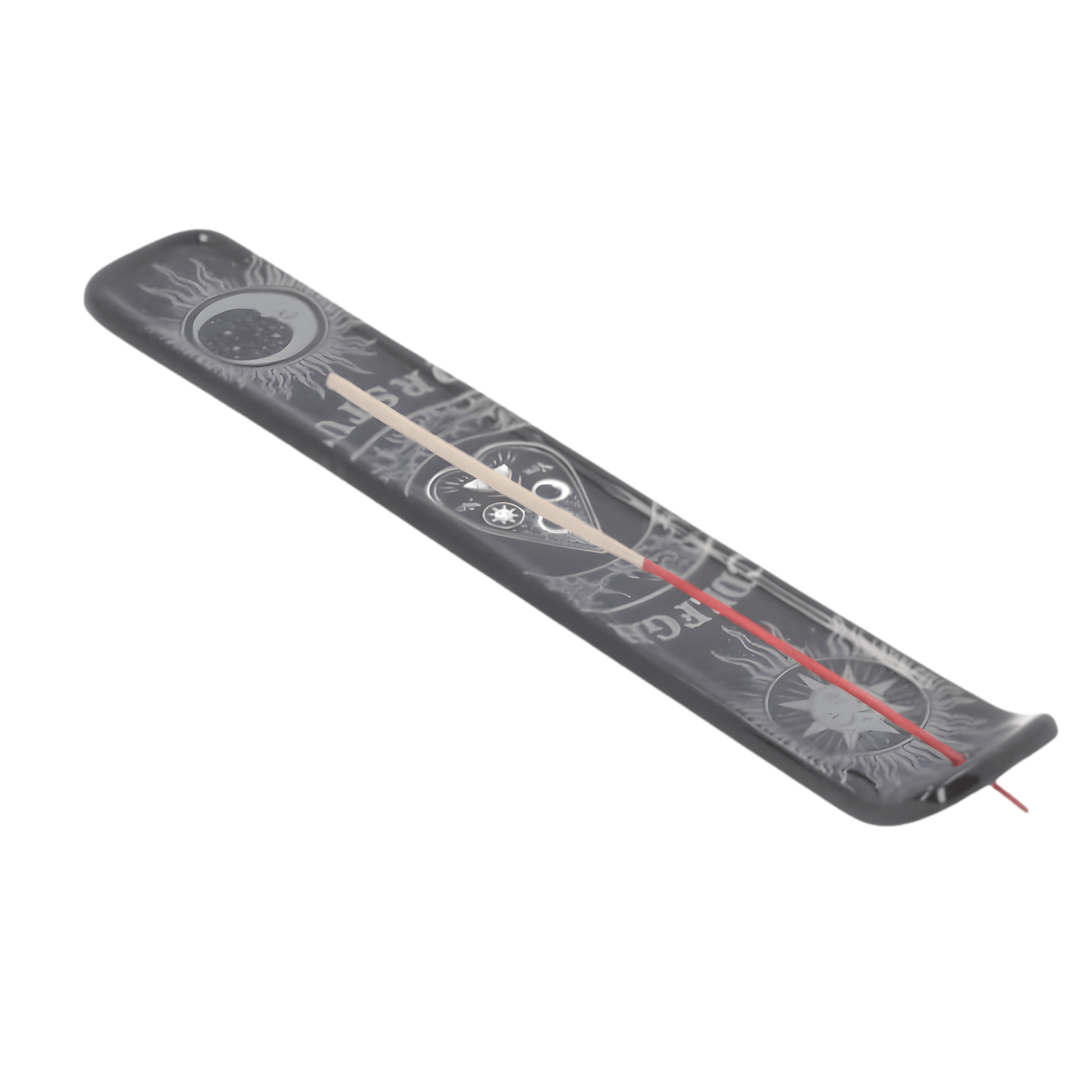 Long, narrow incense holder with spirit board on it on a white background