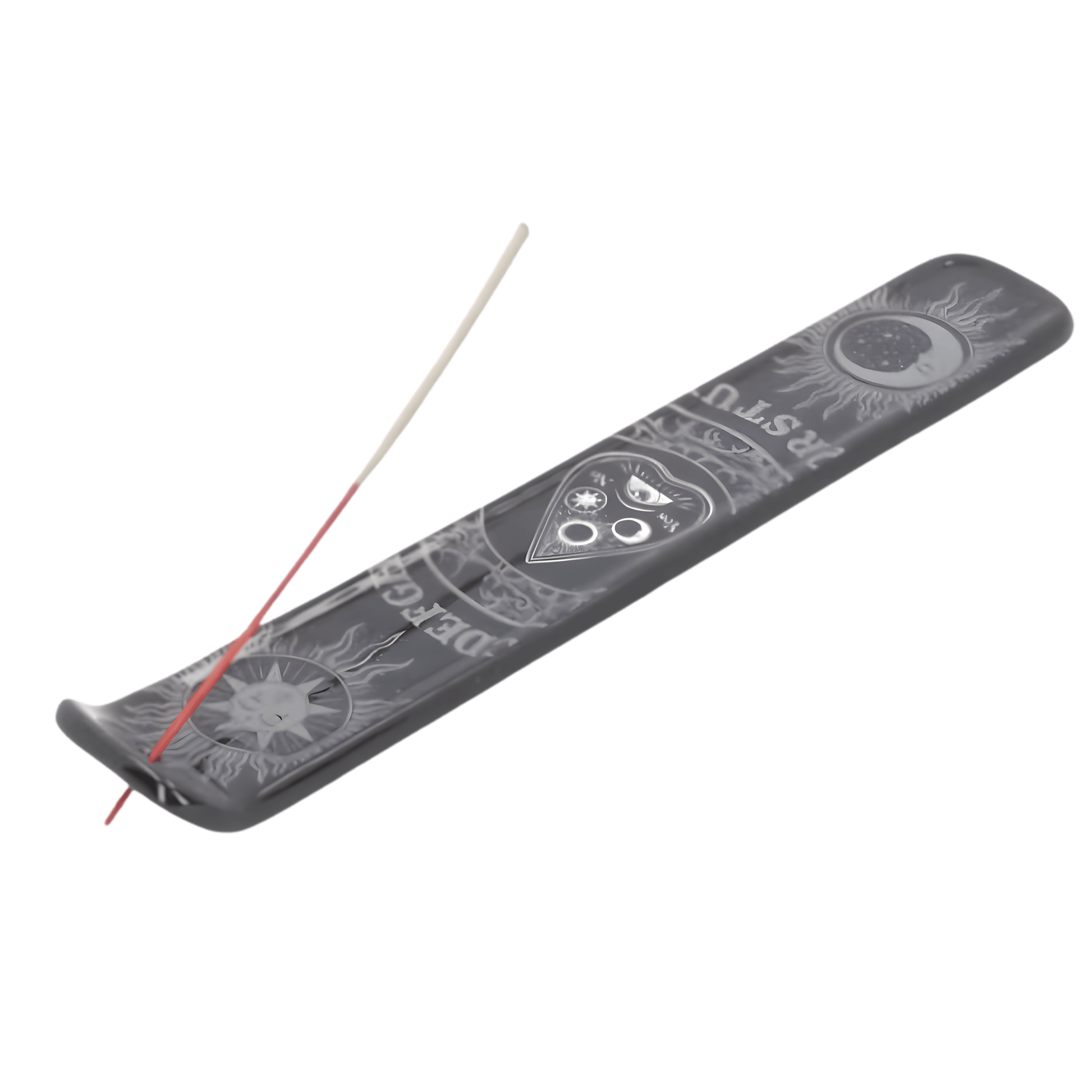 Long, narrow incense holder with spirit board on it on a white background