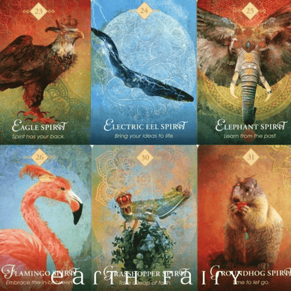 Collection of tarot cards featuring various animals with descriptive text on a colorful background.