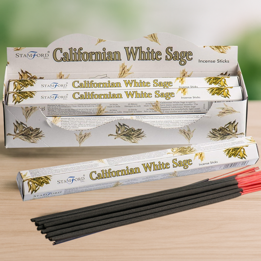 Stanford Californian White Sage incense sticks with packaging on a wooden surface