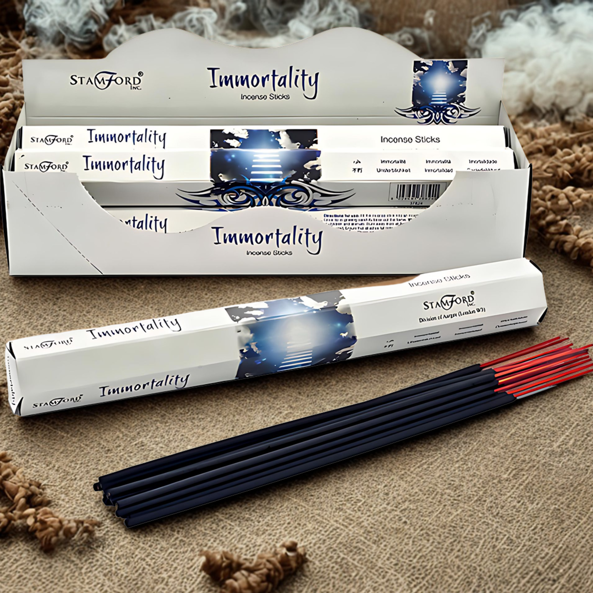 Stanford Incense Sticks 'Immortality' packaging on a textured surface