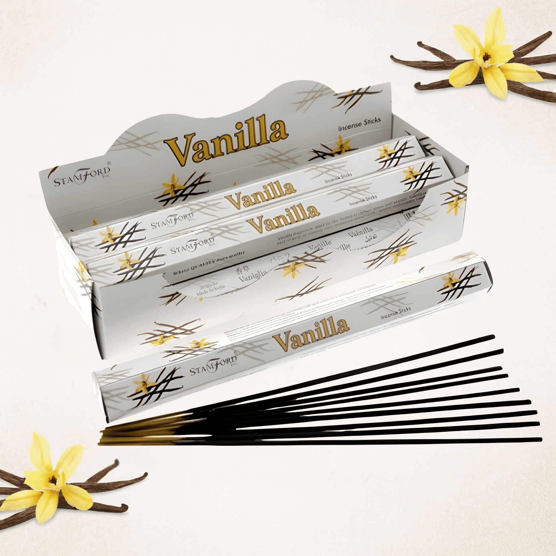 Vanilla-scented incense sticks with packaging on a light background