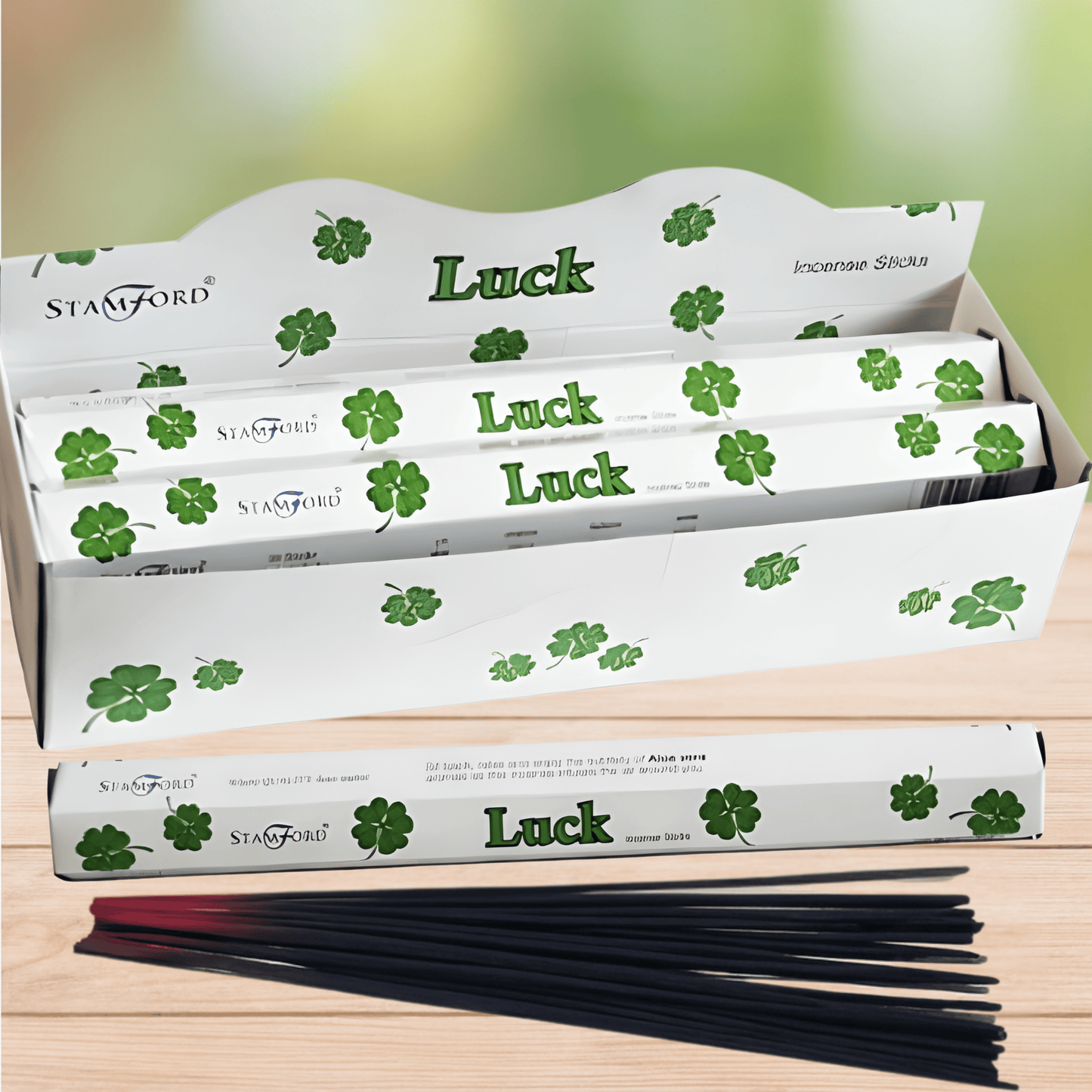 Stamford Luck incense sticks packaging with incense sticks displayed in front.