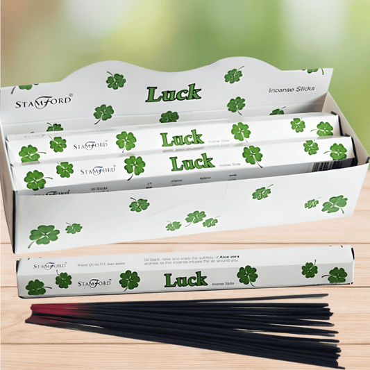 Stamford Luck incense sticks packaging with incense sticks displayed in front.