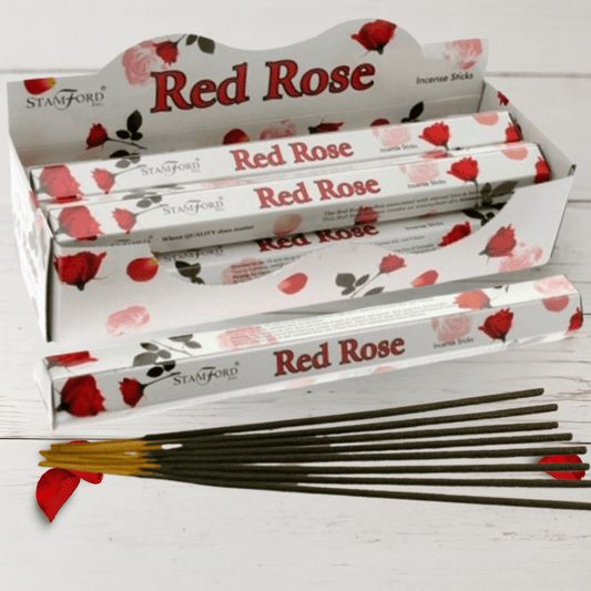 Stamford Red Rose incense sticks with packaging on a white background