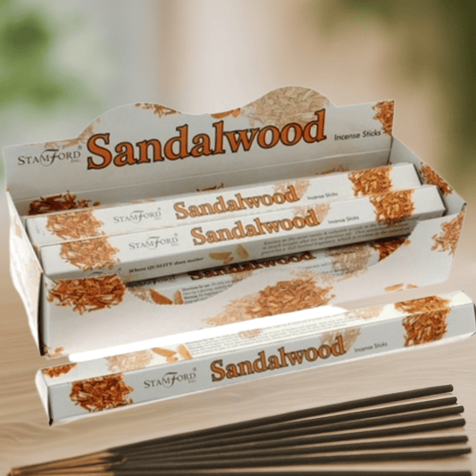 Box of Sandalwood incense sticks with incense sticks displayed in front