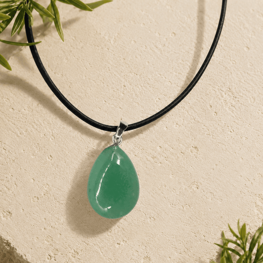 GREEN AVENTURINE TEARDROP CRYSTAL PENDANT ON BLACK FAUX LEATHER NECKLACE