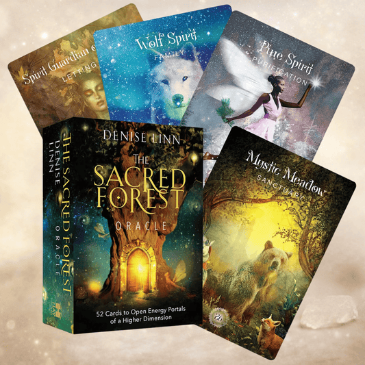 The Sacred Forest Oracle deck by Denise Linn, featuring the box art and four illustrated cards: Spirit Guardian of Autumn, Wolf Spirit, Pure Spirit and Mystic Meadow.