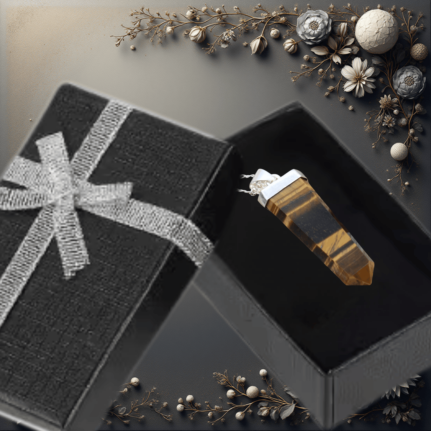 Crystal in an open black gift box with decorative elements on a dark surface