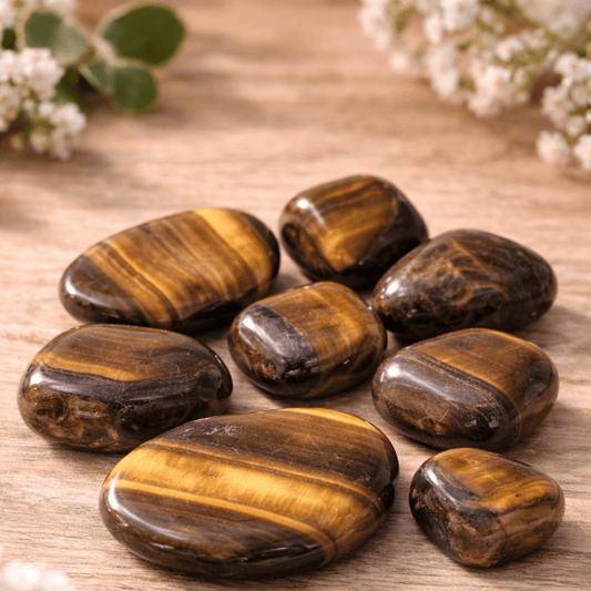 Brown striped tiger eye crystal tumblestones on a wooden background