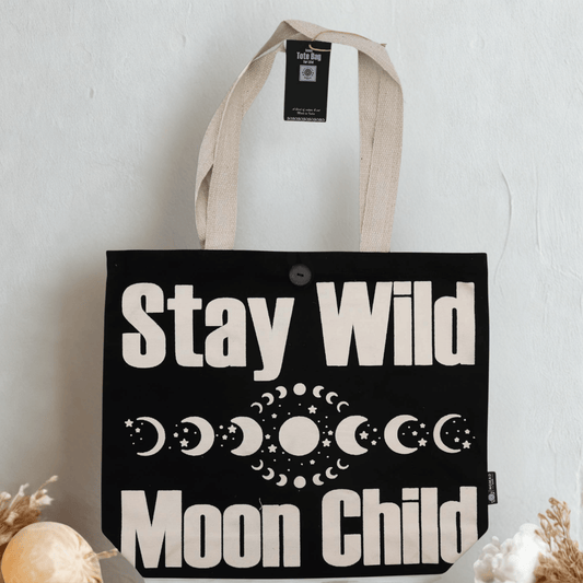 STAY WILD MOON CHILD TOTE BAG - BLACK COTTON WITH BUTTON CLOSURE
