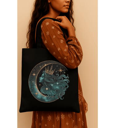 MOON QUEEN COSMIC GODDESS TOTE BAG - BLACK 100% COTTON