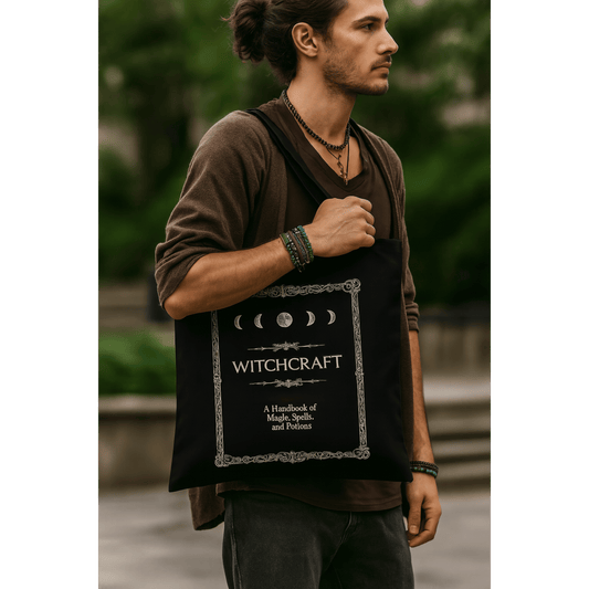 Man holding a black tote bag with 'Witchcraft' text and moon phases design.