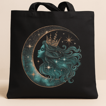 Black tote bag with a celestial design of a woman's face on a crescent moon with stars.