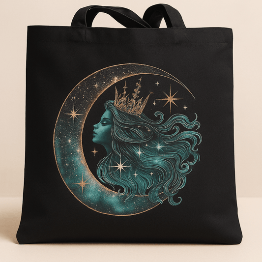 Black tote bag with a celestial design of a woman's face on a crescent moon with stars.