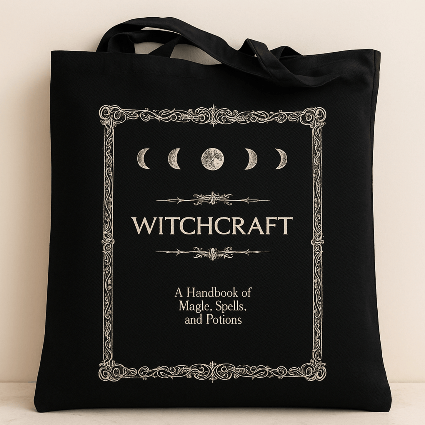 Black tote bag with 'Witchcraft' design featuring moon phases on a beige background