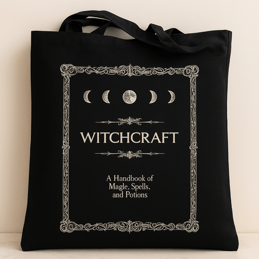 Black tote bag with 'Witchcraft' design featuring moon phases on a beige background