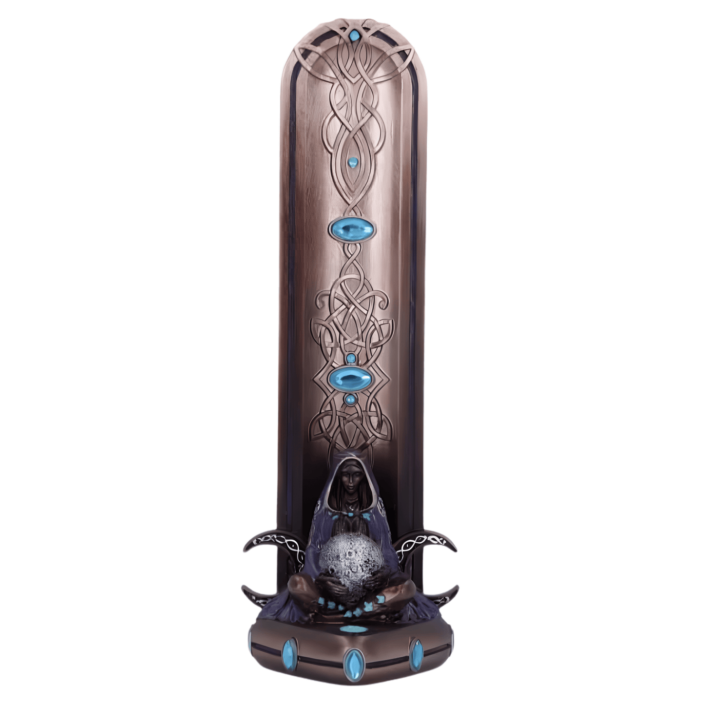 Decorative incense burner with intricate designs and blue accents on a white background
