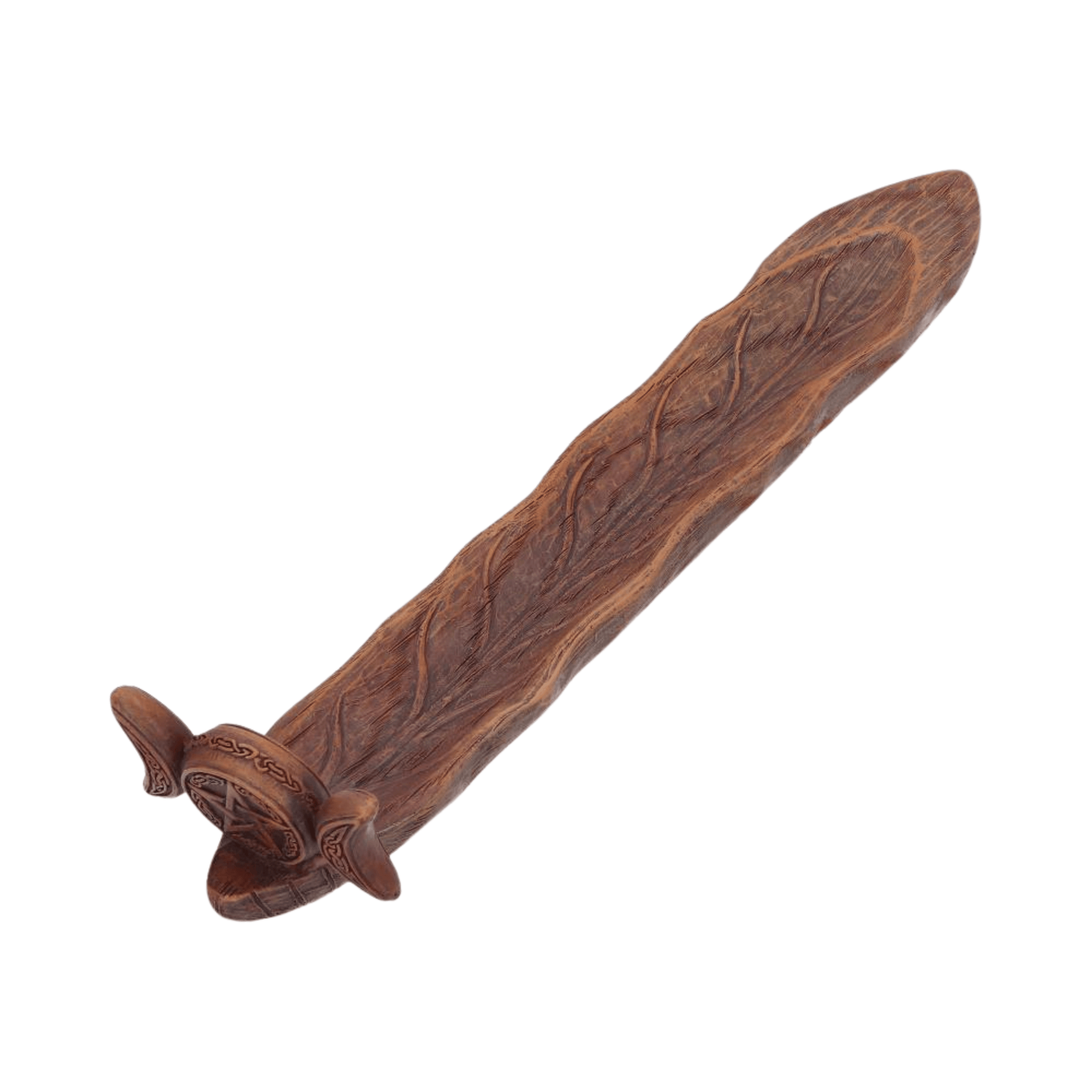 Wooden sword with intricate carvings on a white background