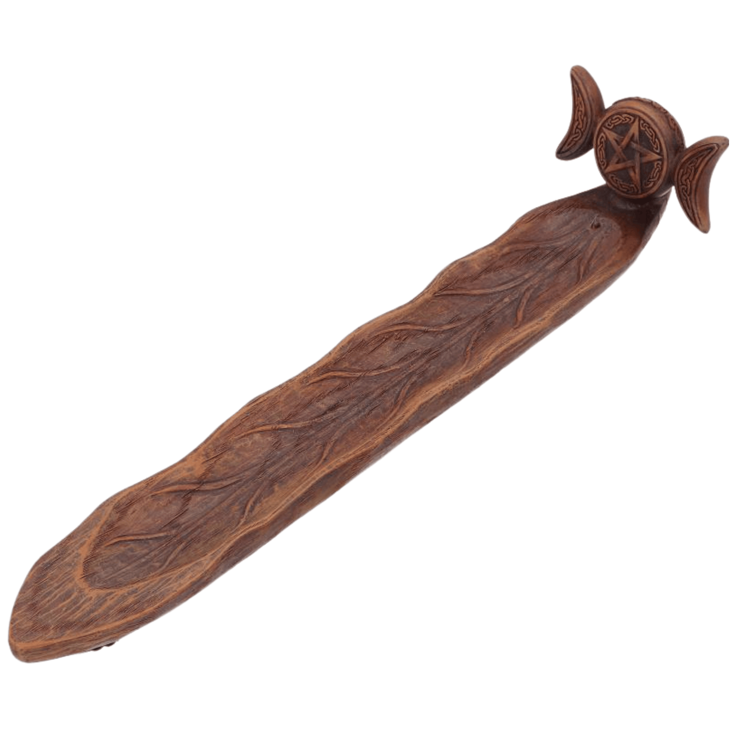 Wooden object with intricate carvings on a white background