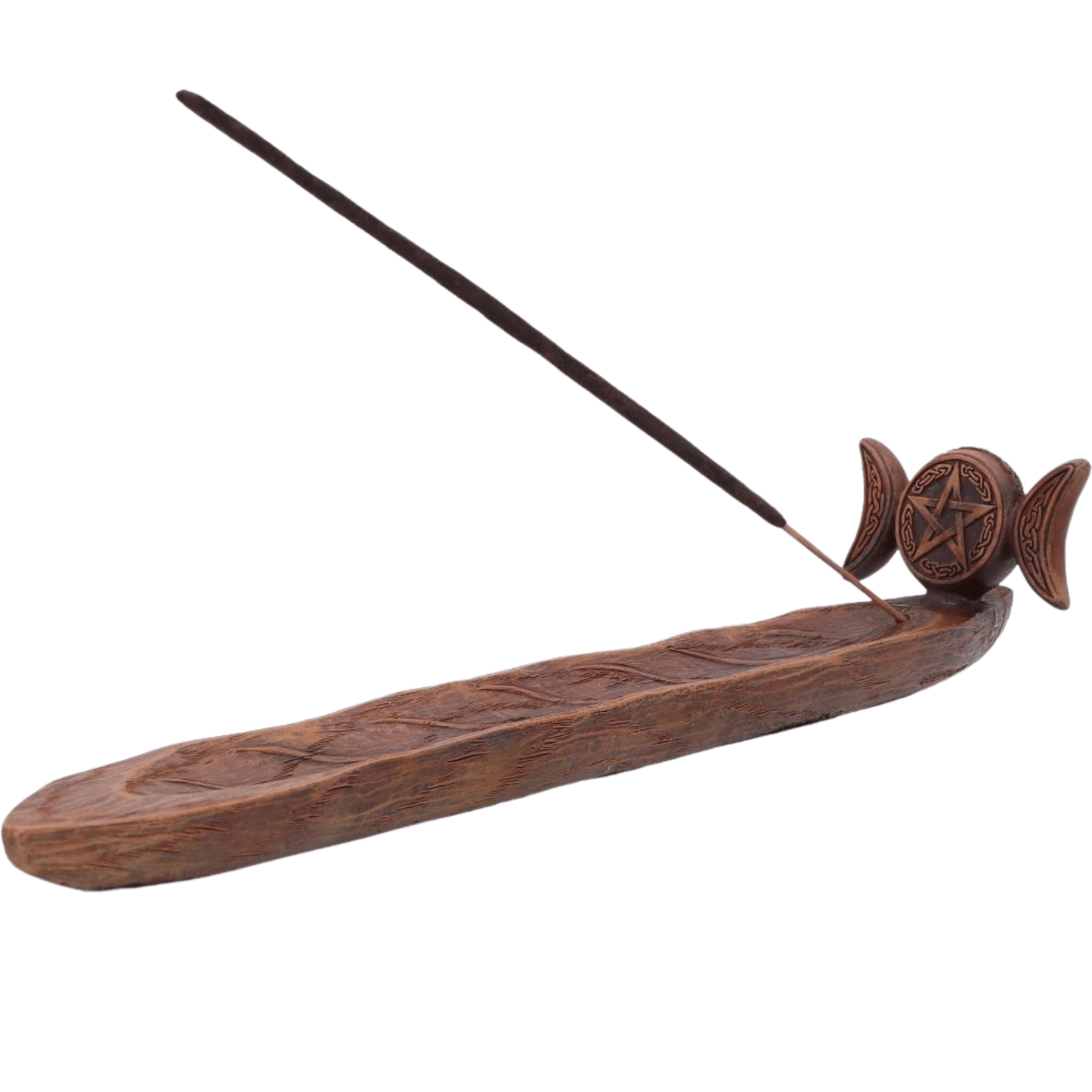 Wooden incense burner with incense stick on a white background
