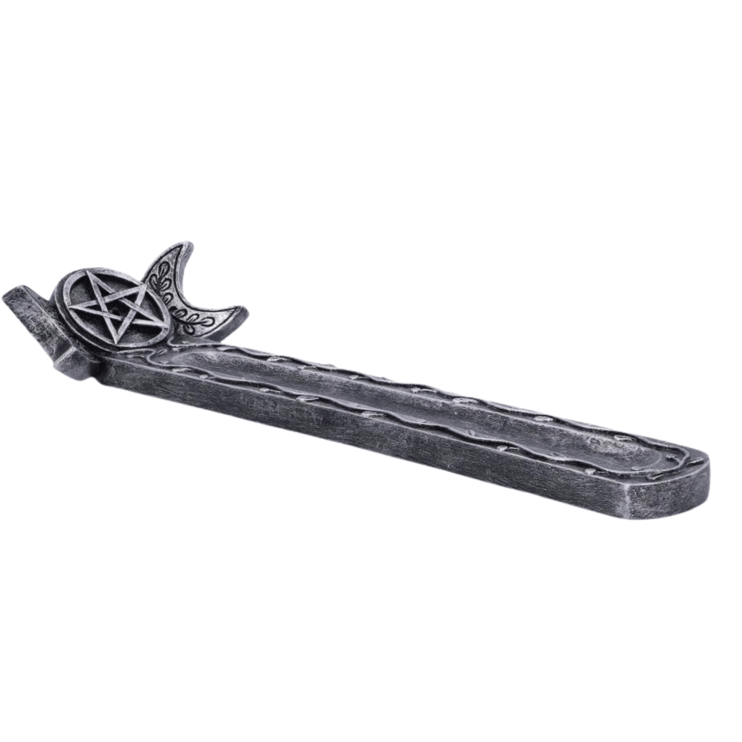Silver painted incense holder with a Pentacle design on a white background