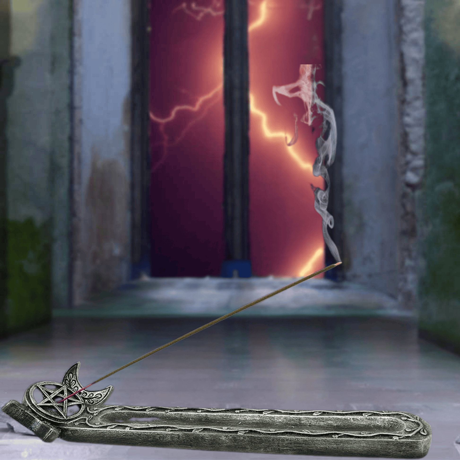 Decorative incense burner with pentagram design in front of a colorful background