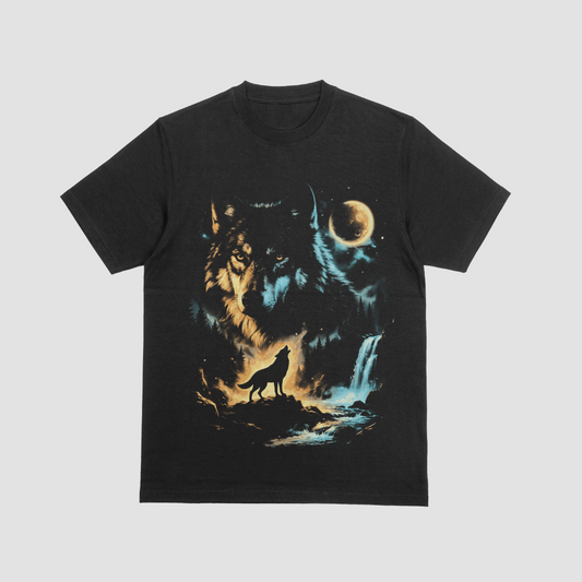 Moonlit Wolf Mystical T-Shirt printed on a black 100% cotton T-shirt featuring a majestic wolf beneath a glowing full moon with a mystical forest and waterfall design.