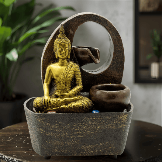 TABLETOP WATER FEATURE 21.5cm – Golden Buddha & Pots