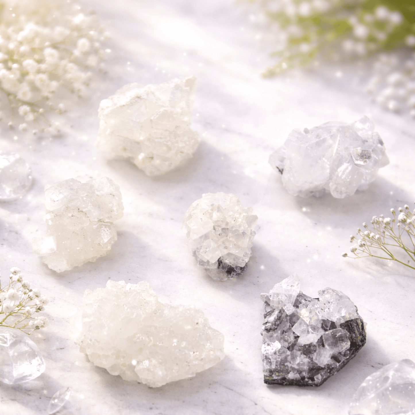 Crystal rocks on a white surface with small plants
