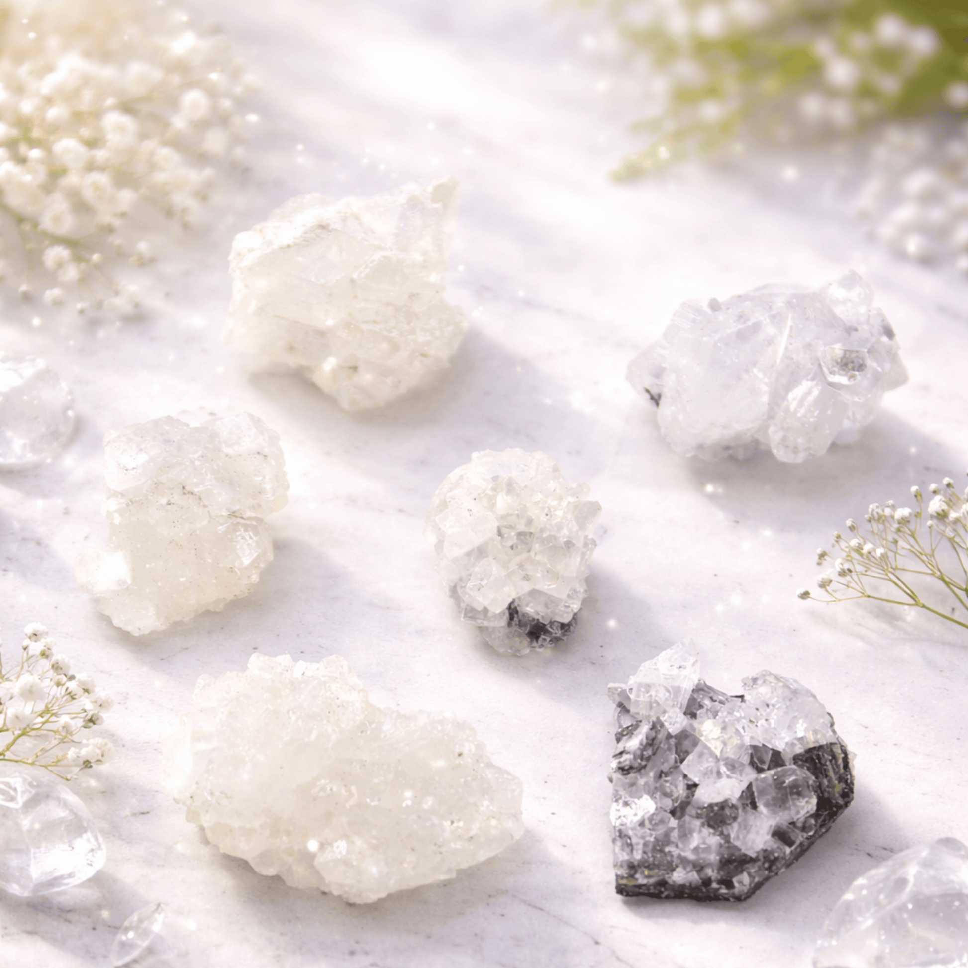 Crystal rocks on a white surface with small plants