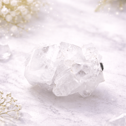 Clear crystal on a white background with delicate flowers