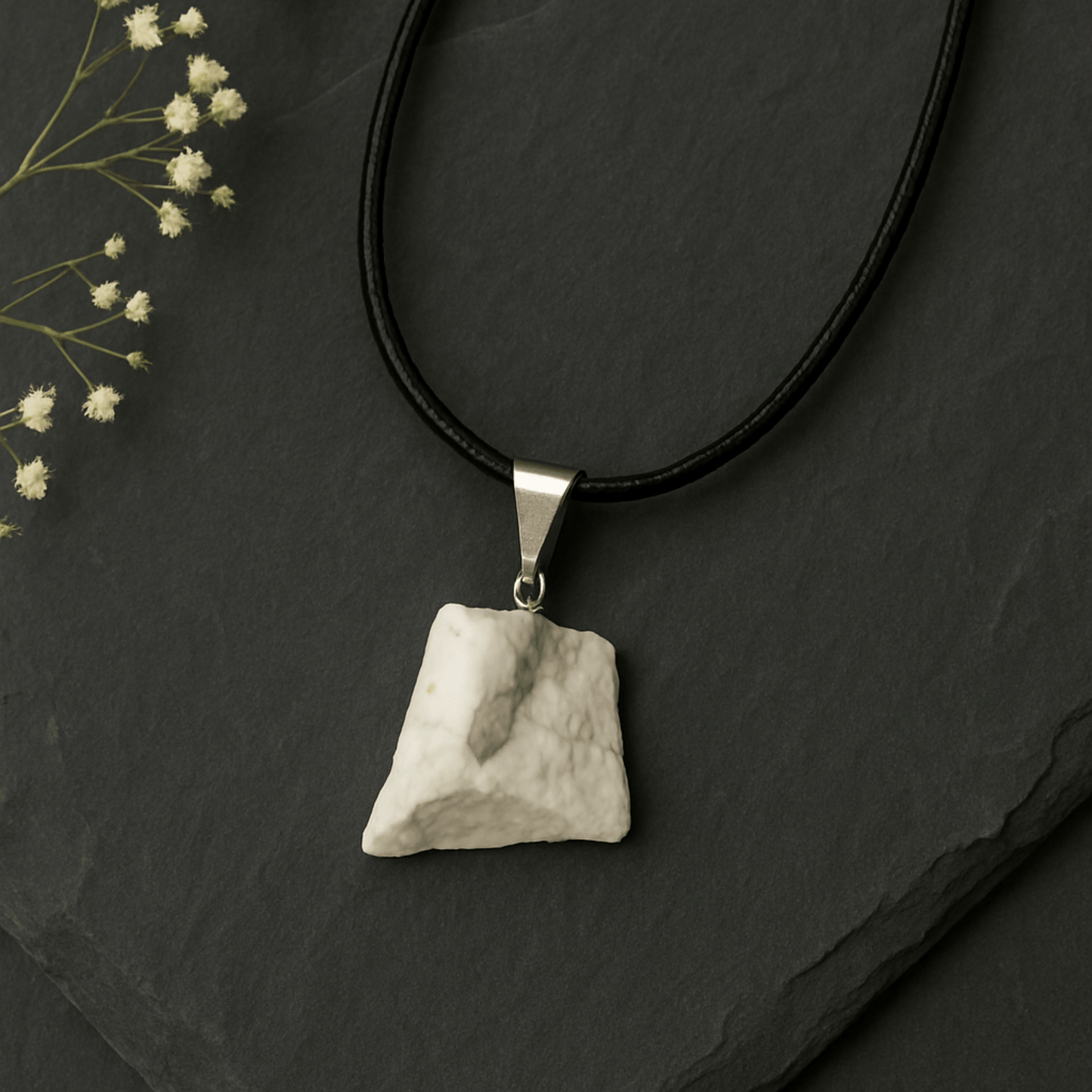 WHITE HOWLITE  ROUGH PENDANT NECKLACE CORD – Calming & Balancing Crystal