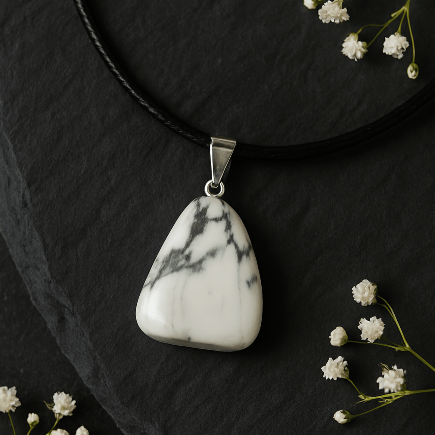 WHITE HOWLITE TUMBLED CRYSTAL PENDANT NECKLACE