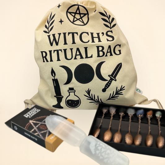 Witch's Ritual Bag with mystical symbols and items on a beige background