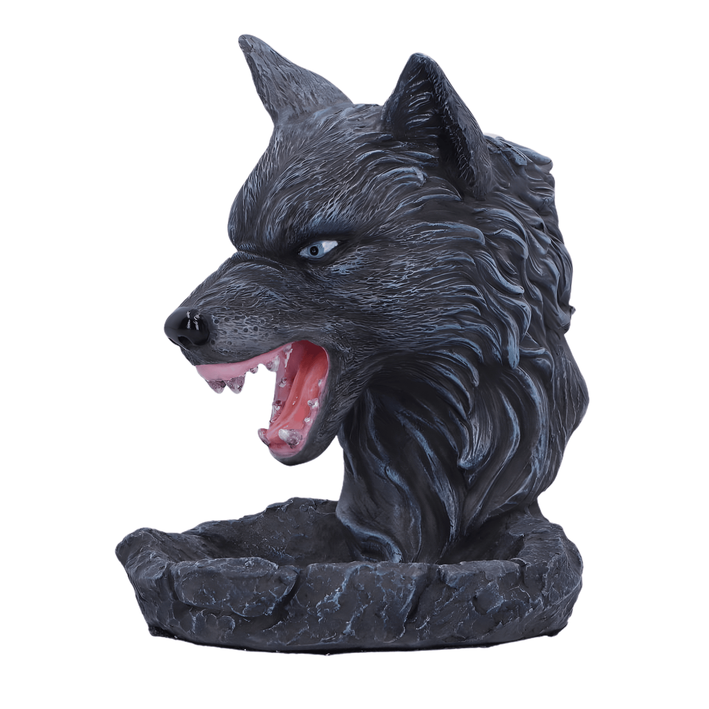Statue of a wolf head with an open mouth on a white background