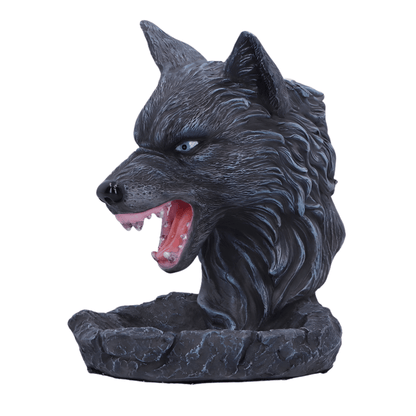 Statue of a wolf head with an open mouth on a white background