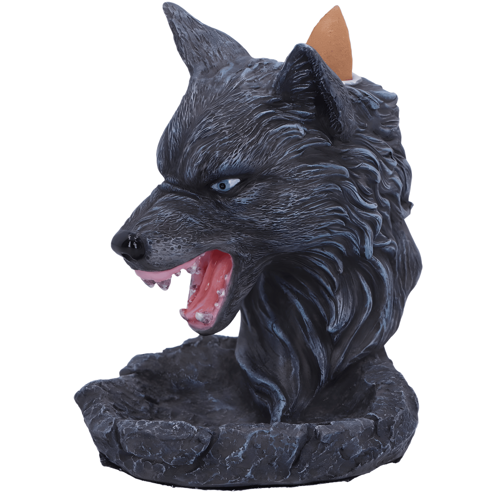 Statue backflow of a wolf head with an open mouth on a white background.
