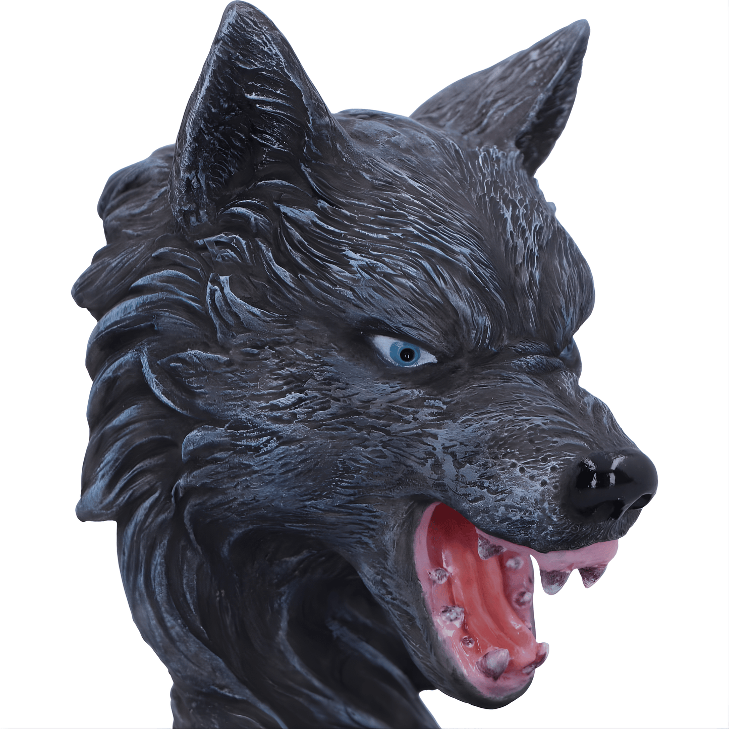 Wolf head sculpture with open mouth on a white background