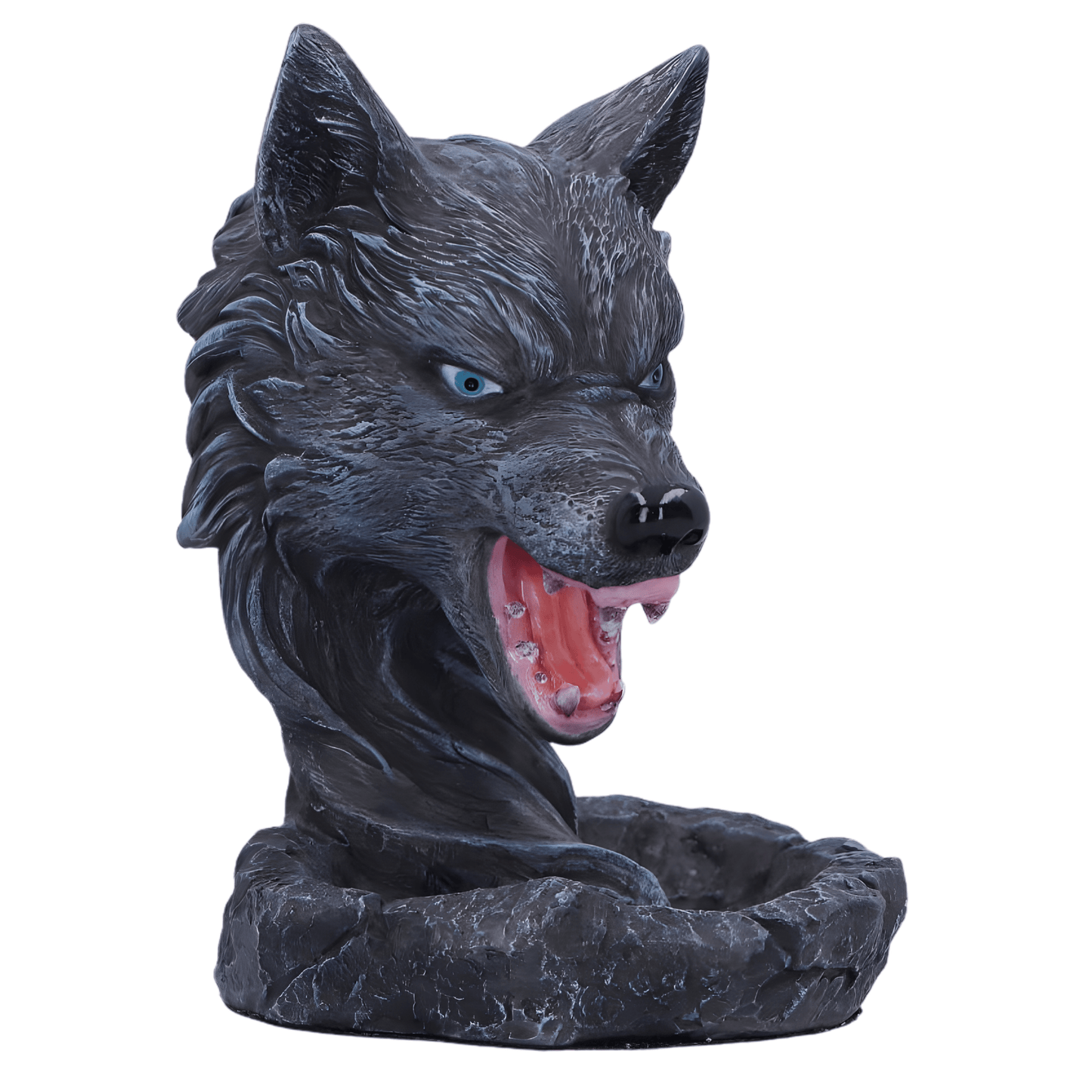 Wolf head sculpture with open mouth on a white background
