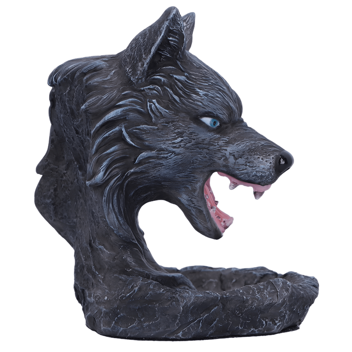 Statue of a wolf head with an open mouth on a white background