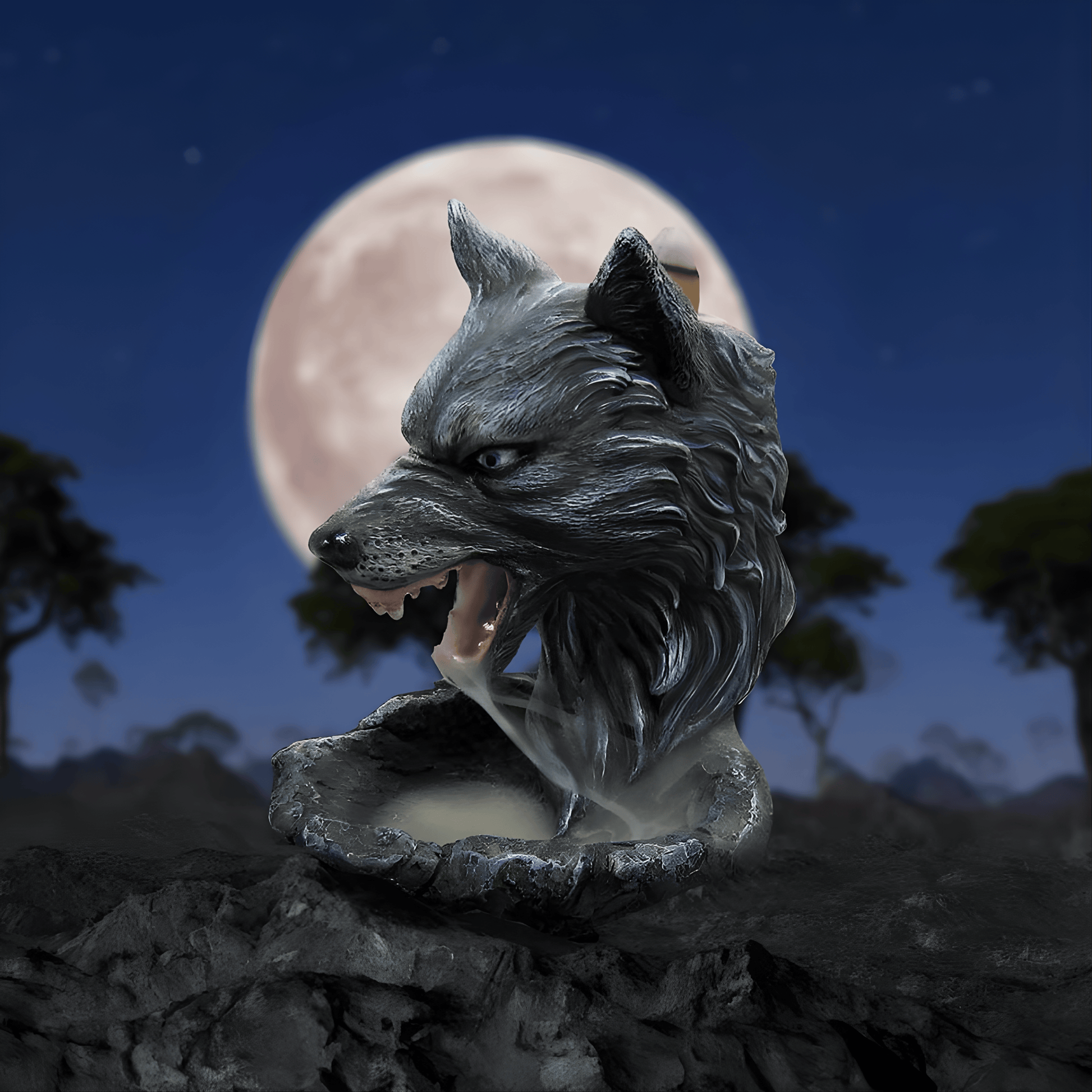 resin mold of a wolf head with a full moon and trees in the background
