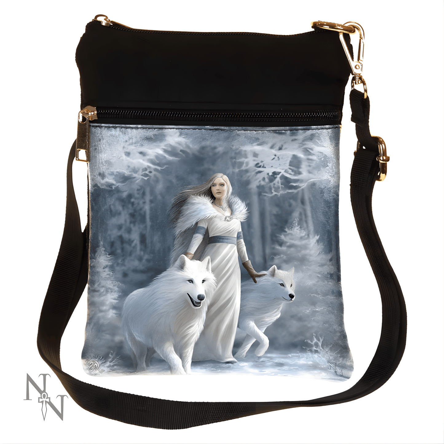 Shoulder bag with a design of a woman in a white dress walking with two white wolves in a snowy forest.