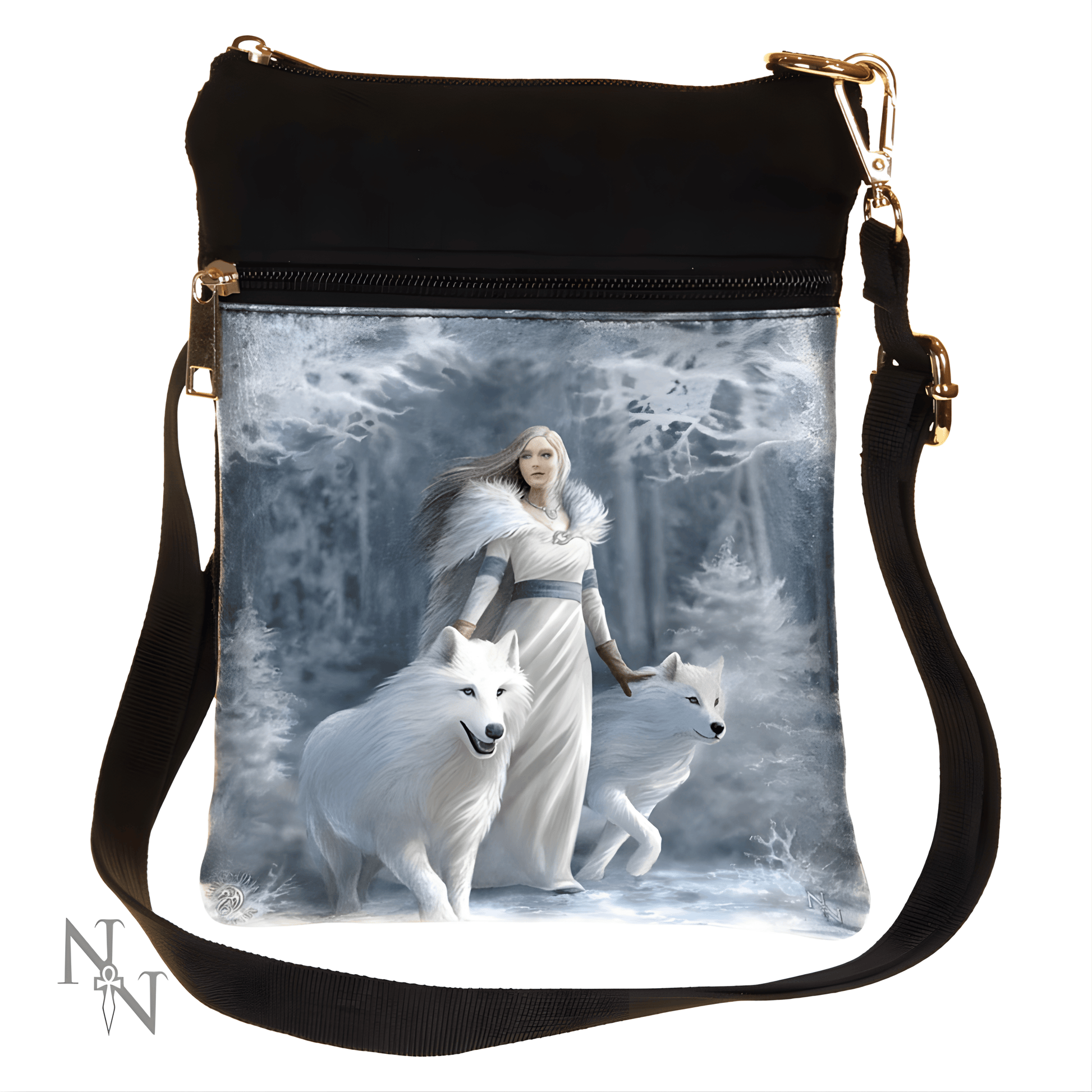 Shoulder bag with a design of a woman in a white dress walking with two white wolves in a snowy forest.