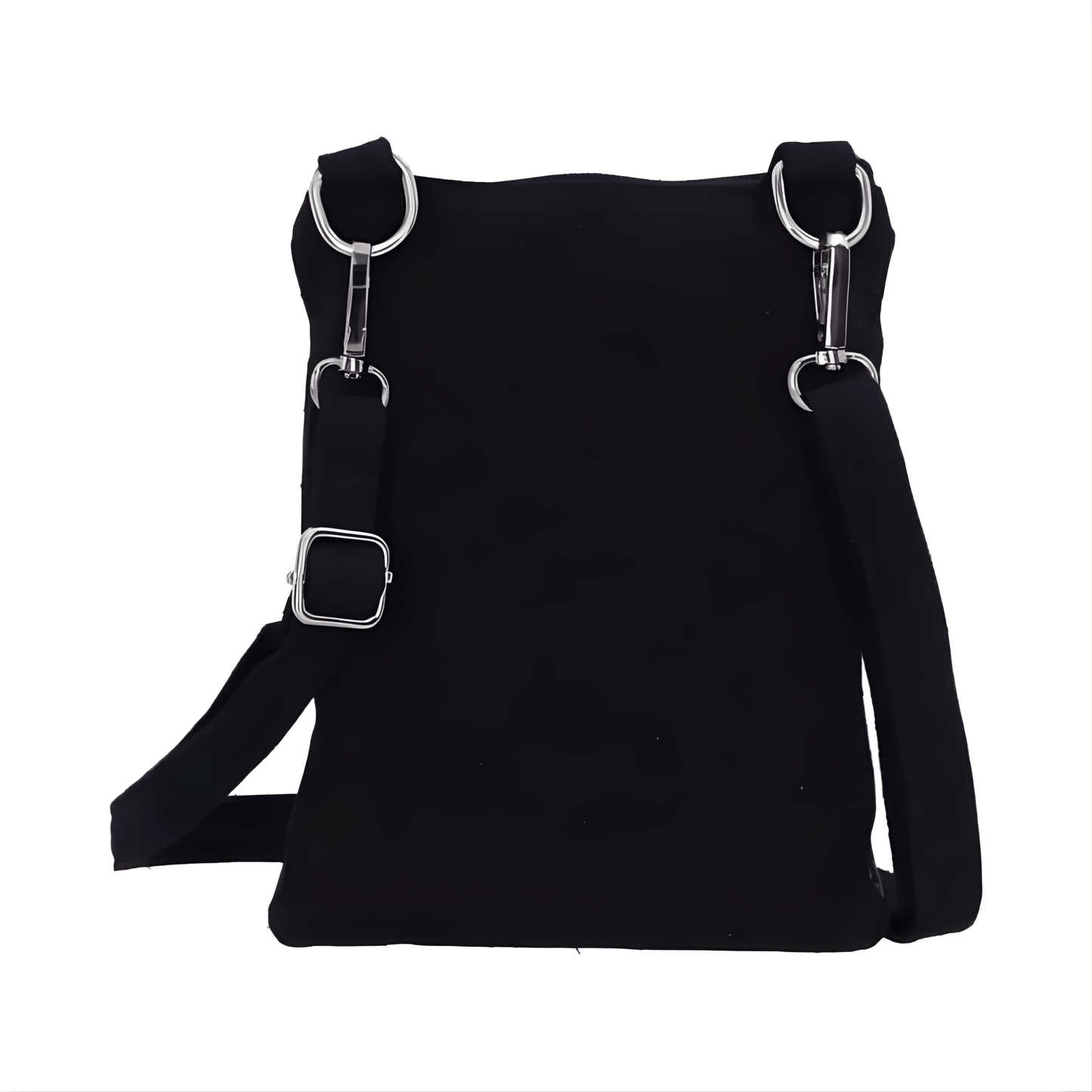 Back of the shoulder bag. Black bag with straps on a white background