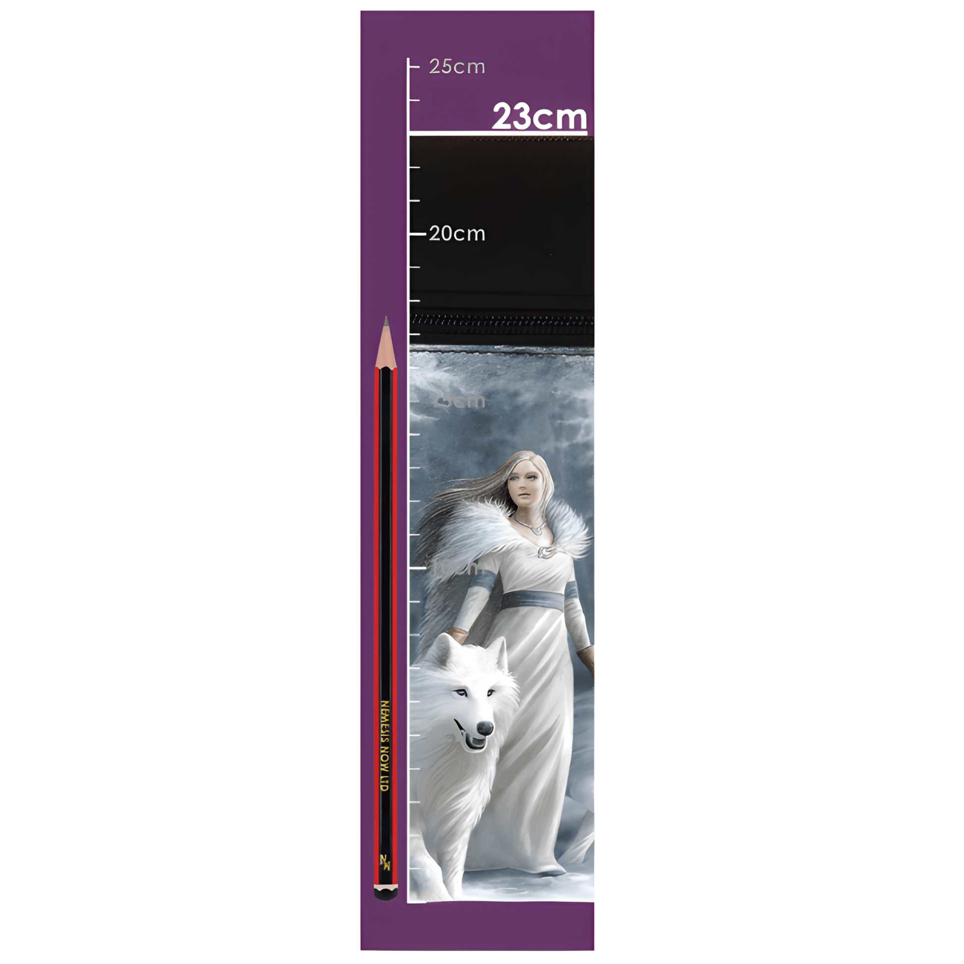 Ruler with a character and white wolf on a purple background